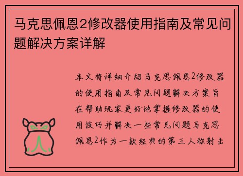 马克思佩恩2修改器使用指南及常见问题解决方案详解